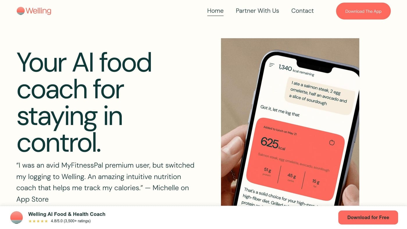 The Welling app logging a photographed meal by chat and returning its calorie and macro breakdown.